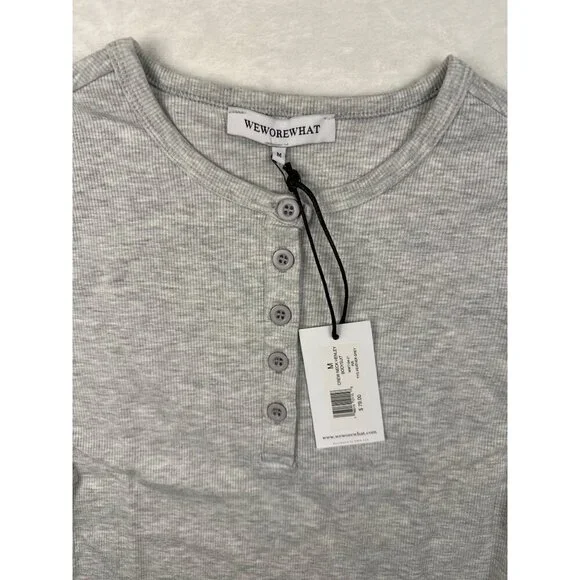 WeWoreWhat Womens Henley Bodysuit Gray Sz M Ribbed Long-Sleeve Comfy Stretch NWT - Picture 8 of 11